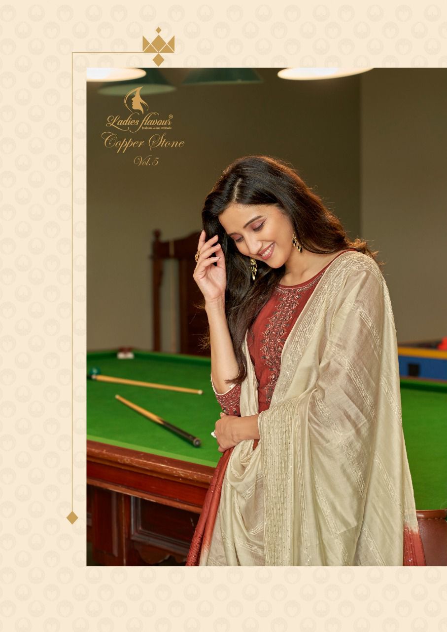 Ladies Flavour Copper Stone 5 Exclusive Designer Viscose With Embroidery With Khatli Work Readymade Collection
