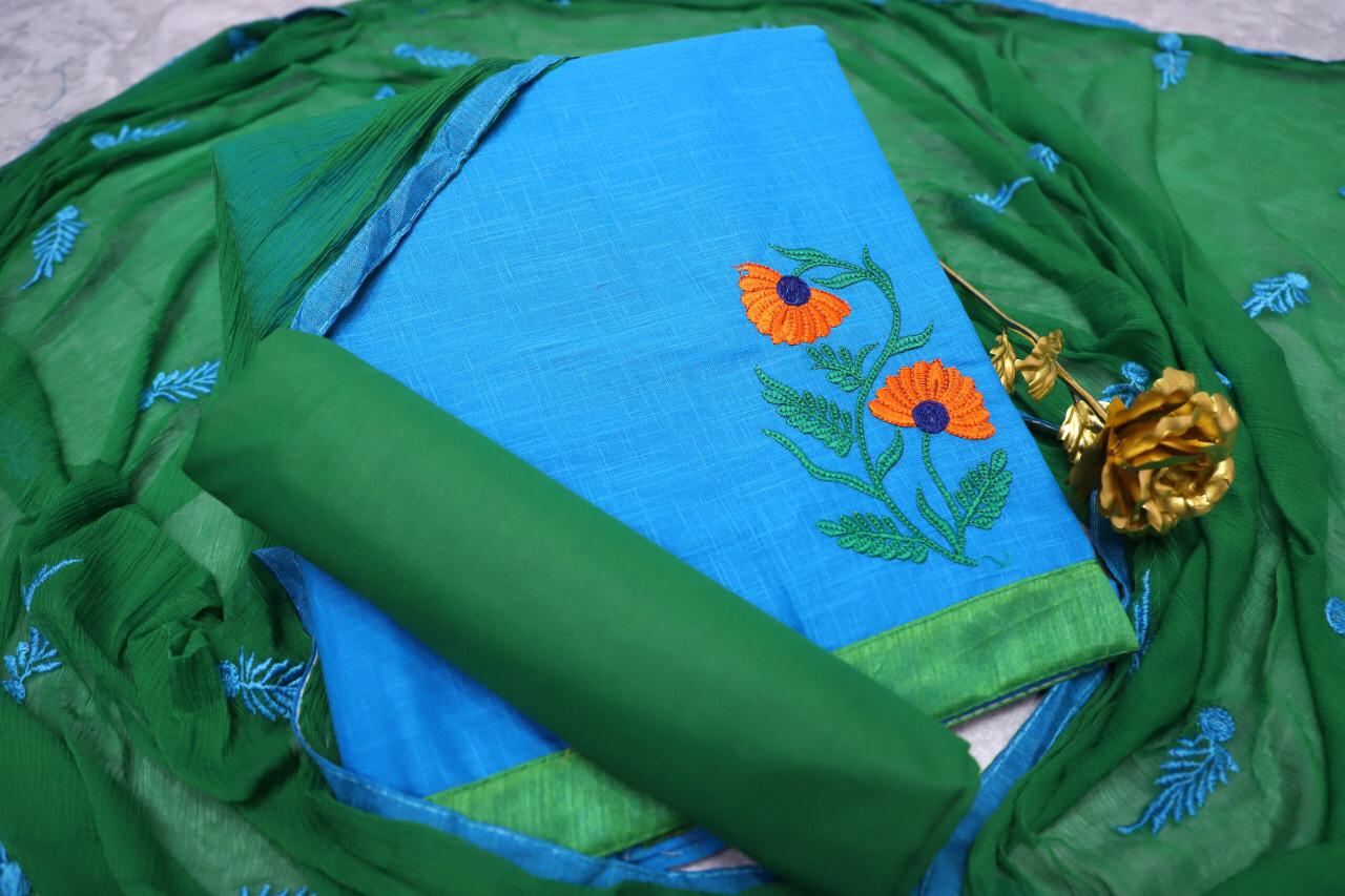 Maahi South Cotton Slub With Embroidery Work And Najmeen Embroifery Work Dupatta Dress Mterial OR Ready Made Collection
