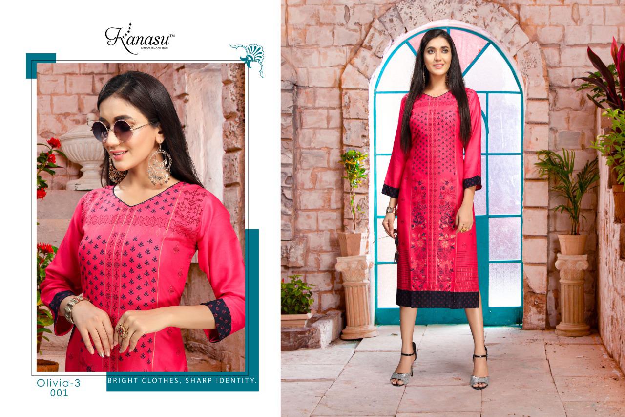Kanasu Olivia 3 Latest Fancy Designer Heavy Rayon Straight Kurti Collection
