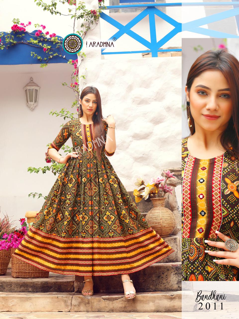 Aradhna Bandhani 2 Heavy Cotton Printed Festive Wear Anarkali Long Kurtis Collection
