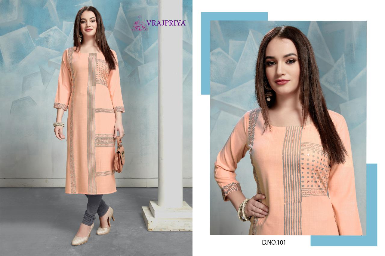 Vrajpriya Radhika 1 latest Designer Fancy Ethnic Wear Rayon Printed Designer Kurtis Collection
