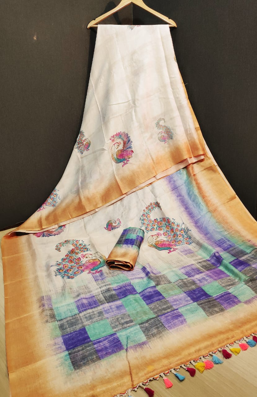 Shvetamber Latest Designer Party Wear Global Linen Juth Digital Printed Saree Collection