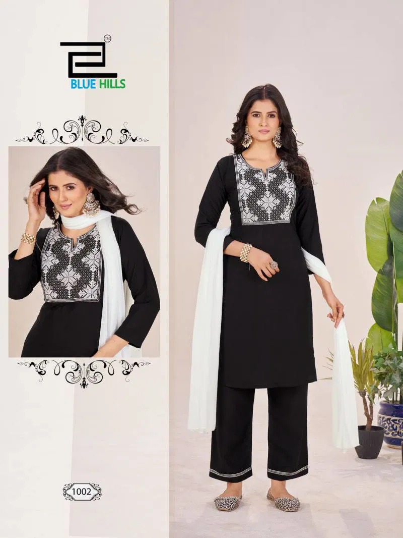 Black And White Vol 14 By Blue Hills Rayon Embroidered Kurti With Bottom Dupatta Wholesale
