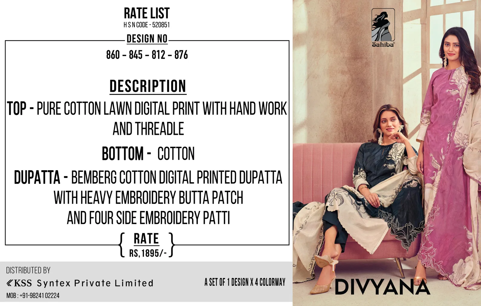Divyana By Sahiba Lawn Cotton Digital Printed Dress Material Suppliers In Indoa