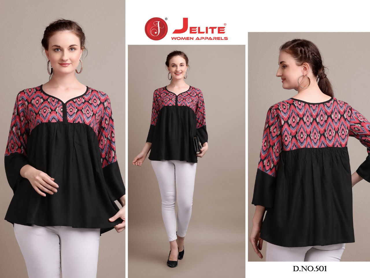 Jelite Camellia Stylish Western Regular Wear Heavy slub rayon And Cotton crepe Ladies Top Collection