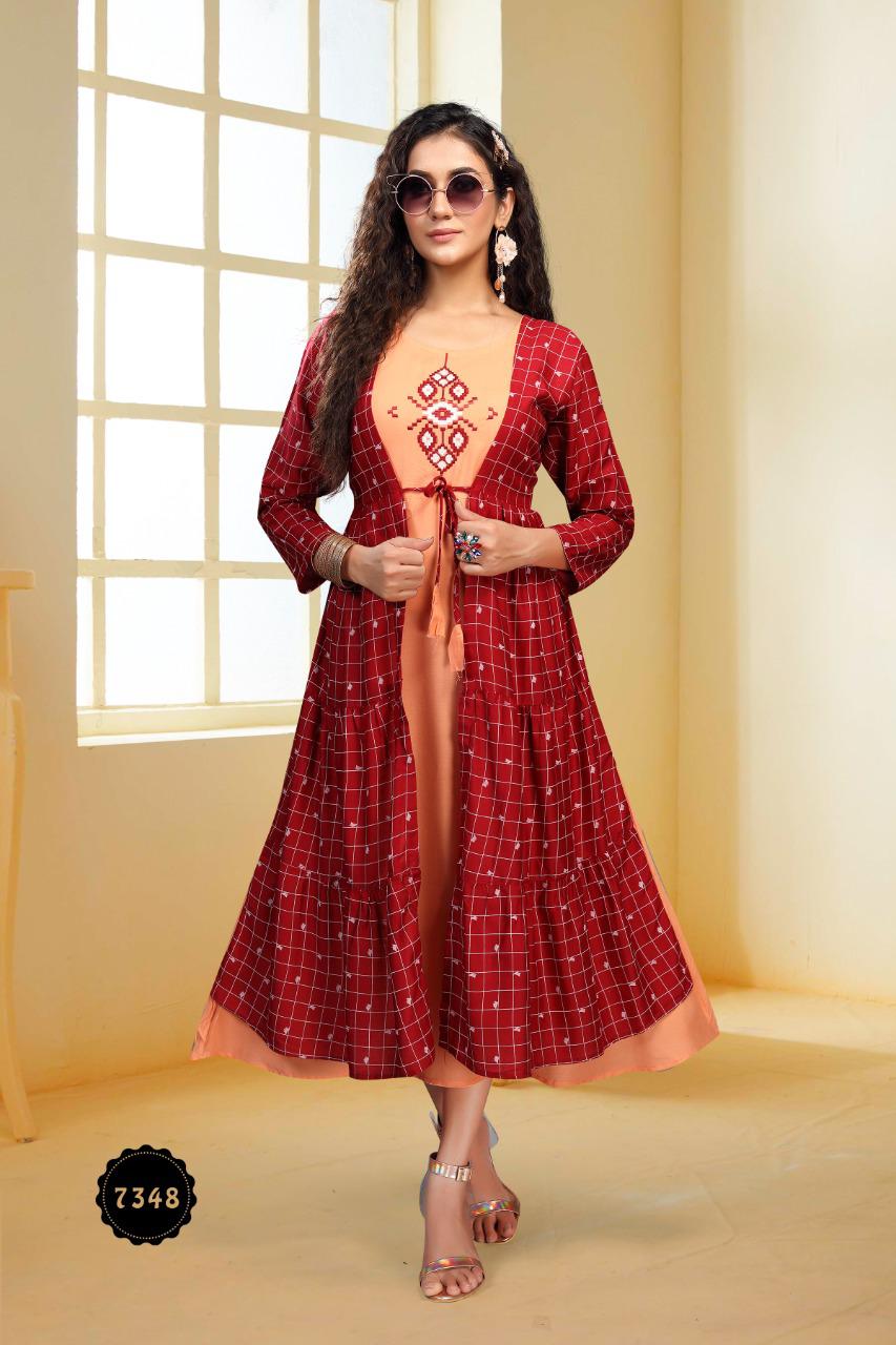 Ft Peacock Casual Wear Rayon Kurtis With Attached Jacket Collection

