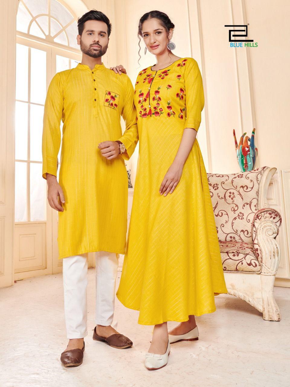 Blue Hills Love Birds Designer Party Wear Rayon Couple Kurta Latest Combo Collection
