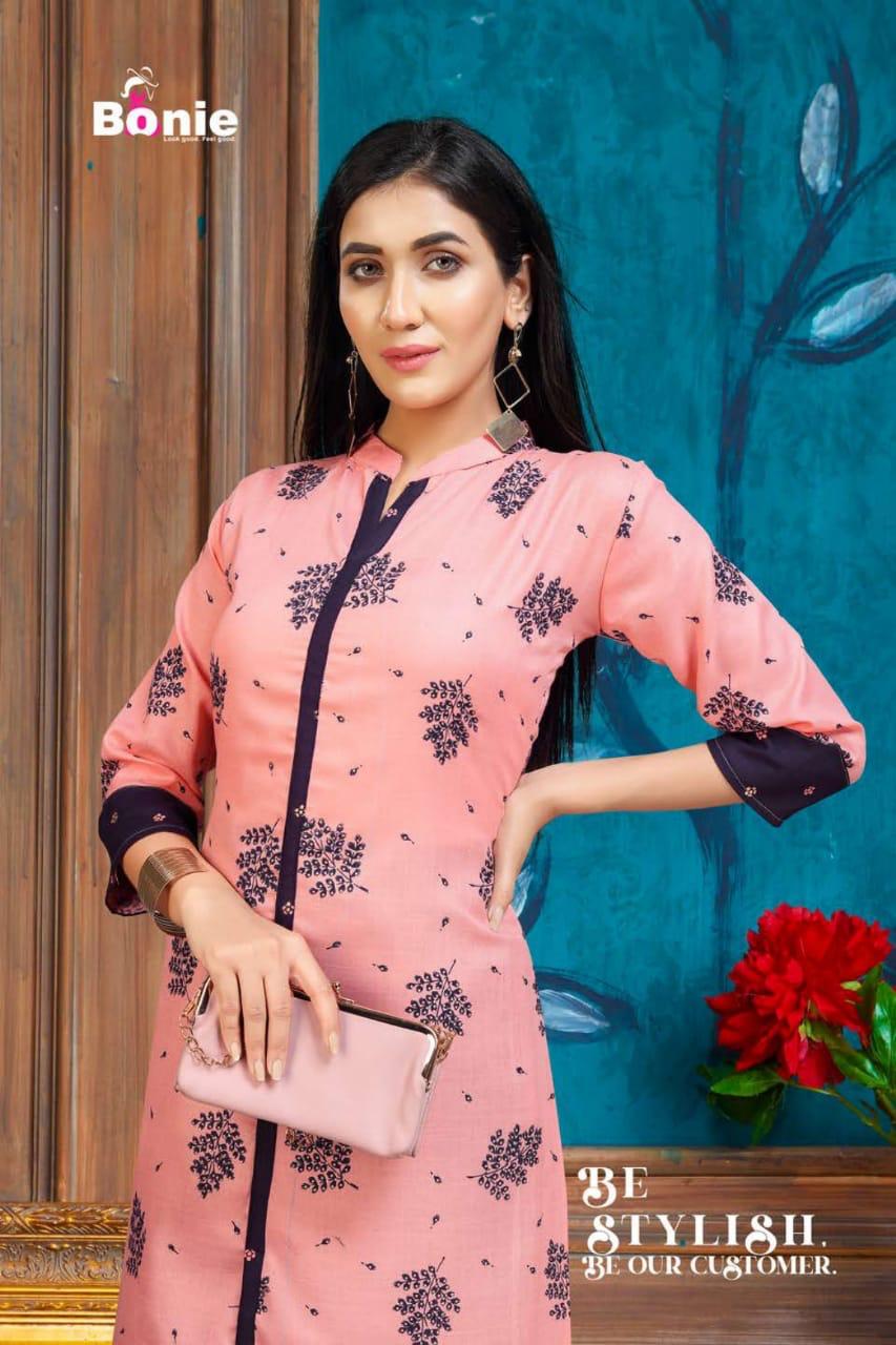 Bonie Plazo Lady Latest Fancy Regular Wear Rayon Printed Kurtis With Bottom Collection