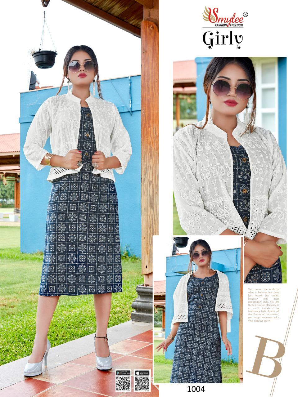 Smylee Girly Heavy Rayon Foil Printed Party Wear Kurti With Jacket Collection
