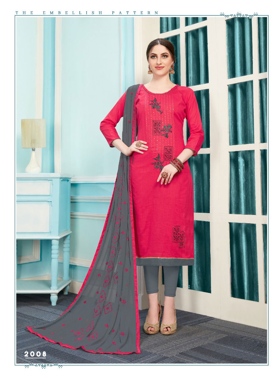 Gold 2 Latest Latest Fancy Casual Wear Bombay Slub Cotton With Embroidery Work Churidar Dress Material Collection
