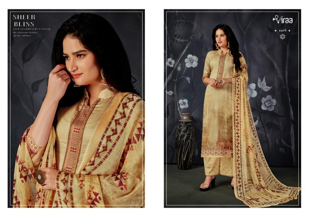 Viraa Pehlu Latest Heavy Designer Feastive Wear Jam Digital Printed Embroidery Work Top And Chiffon Dupatta Dress Material Collection
