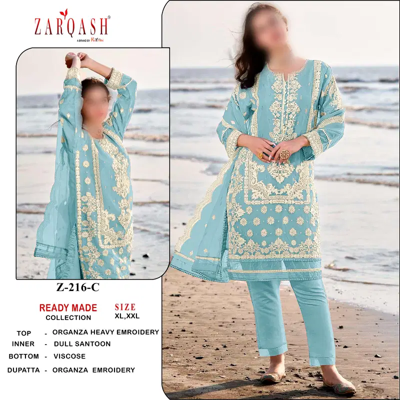 Zarqash 216 Organza Embroidery Pakistani Readymade Suits Online Wholesale