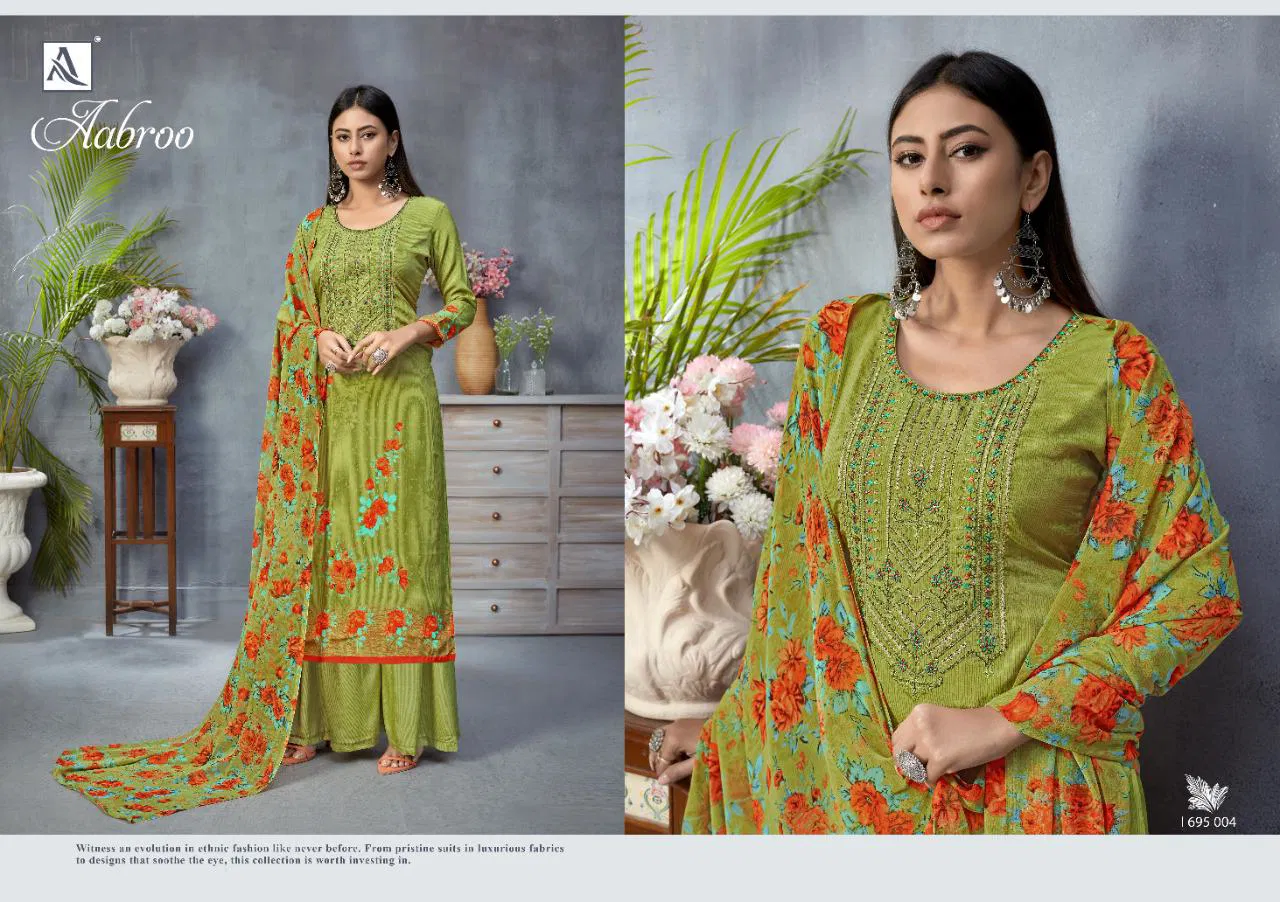 Alok Aabroo Latest Casual Wear Pure French Digital Print with Fancy Thread Embroidery And Swarovski Diamond Work Dress Material Collection
