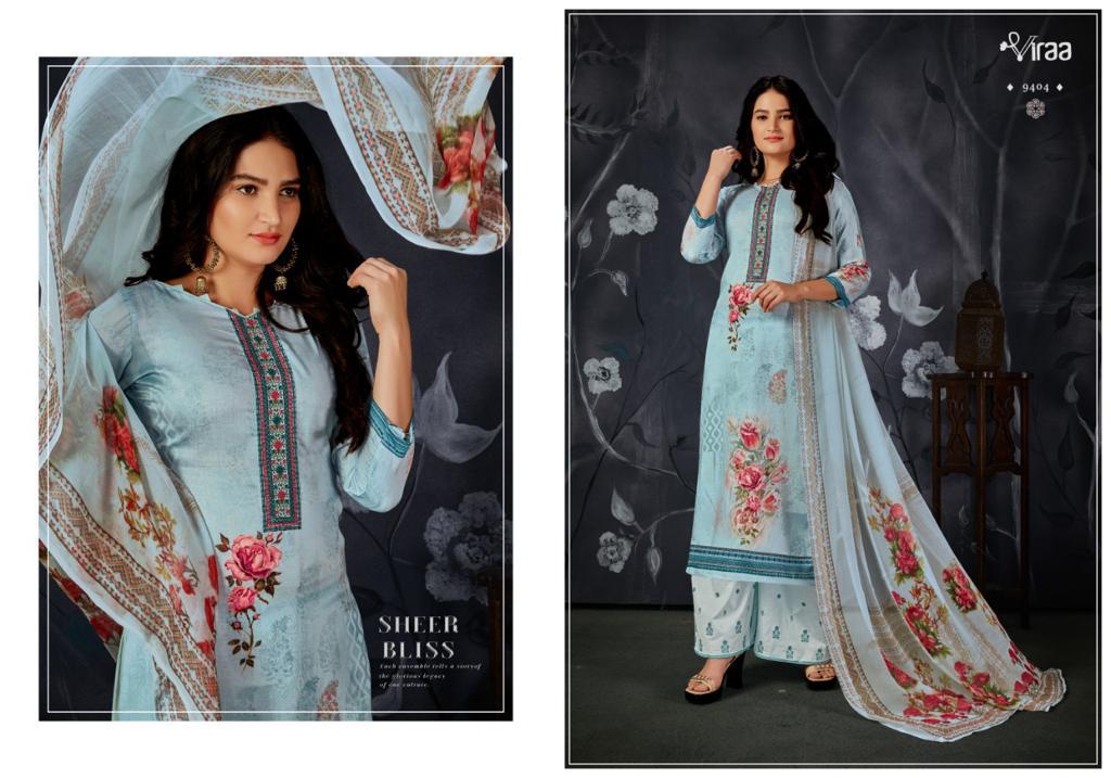 Viraa Pehlu Latest Heavy Designer Feastive Wear Jam Digital Printed Embroidery Work Top And Chiffon Dupatta Dress Material Collection
