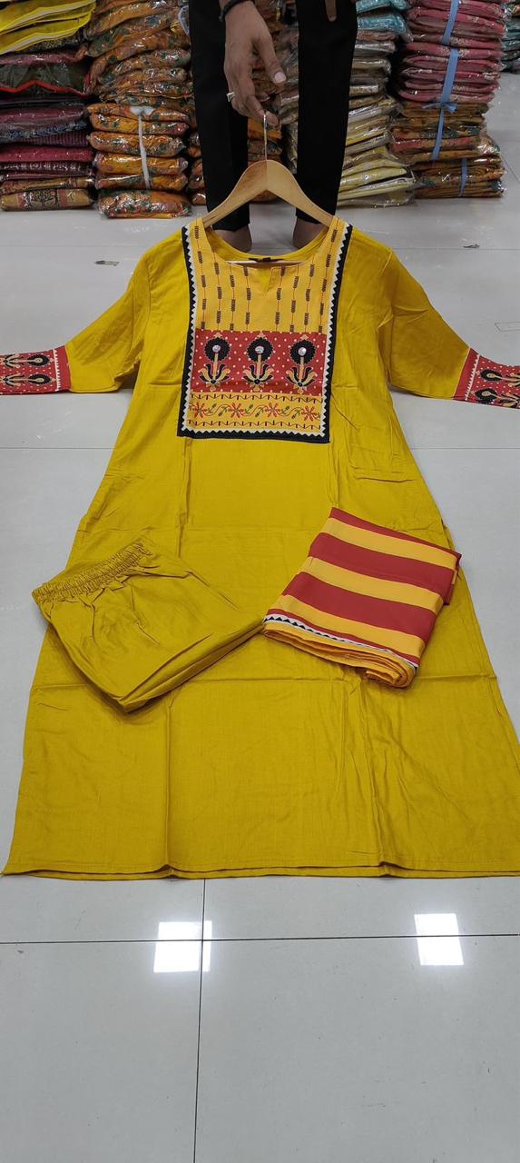 Fvd Yellow Rani Rayon Printed Kurti With Bottom Dupatta Exporters in India