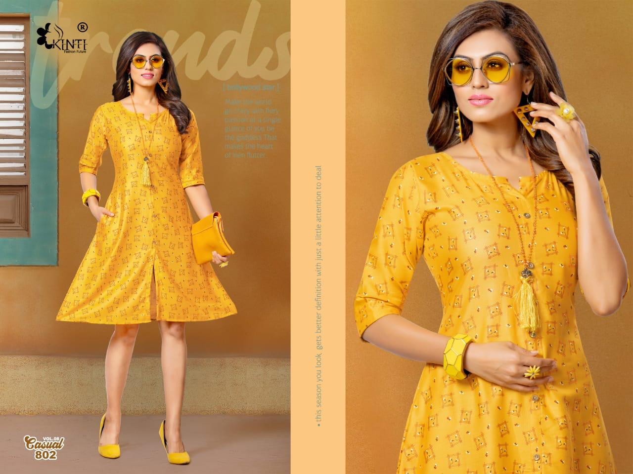 Kinti Casual 8 Latest fancy Designer Regular Wear Pocket Rayon Printed Kurtis Collection
