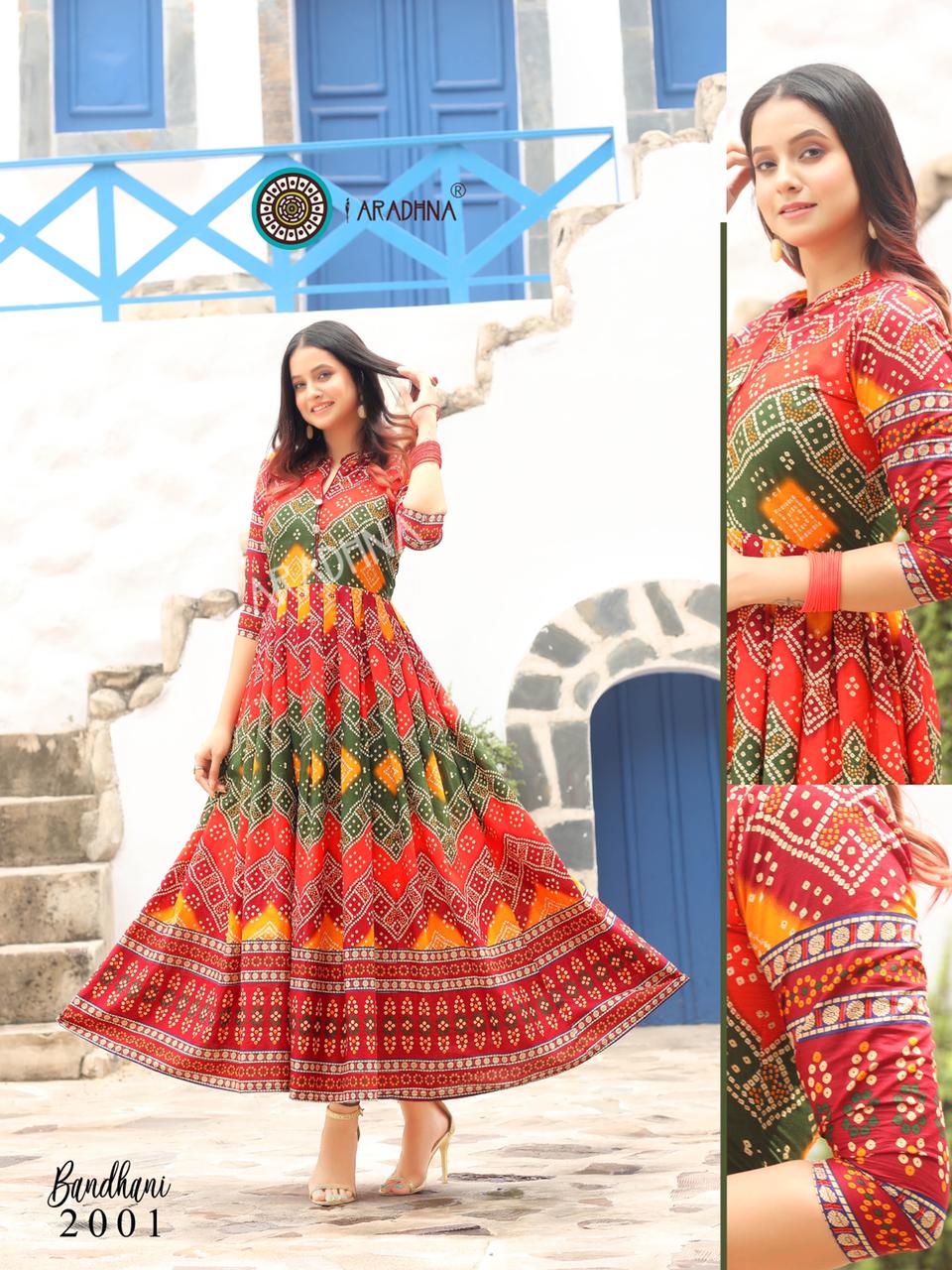 Aradhna Bandhani 2 Heavy Cotton Printed Festive Wear Anarkali Long Kurtis Collection
