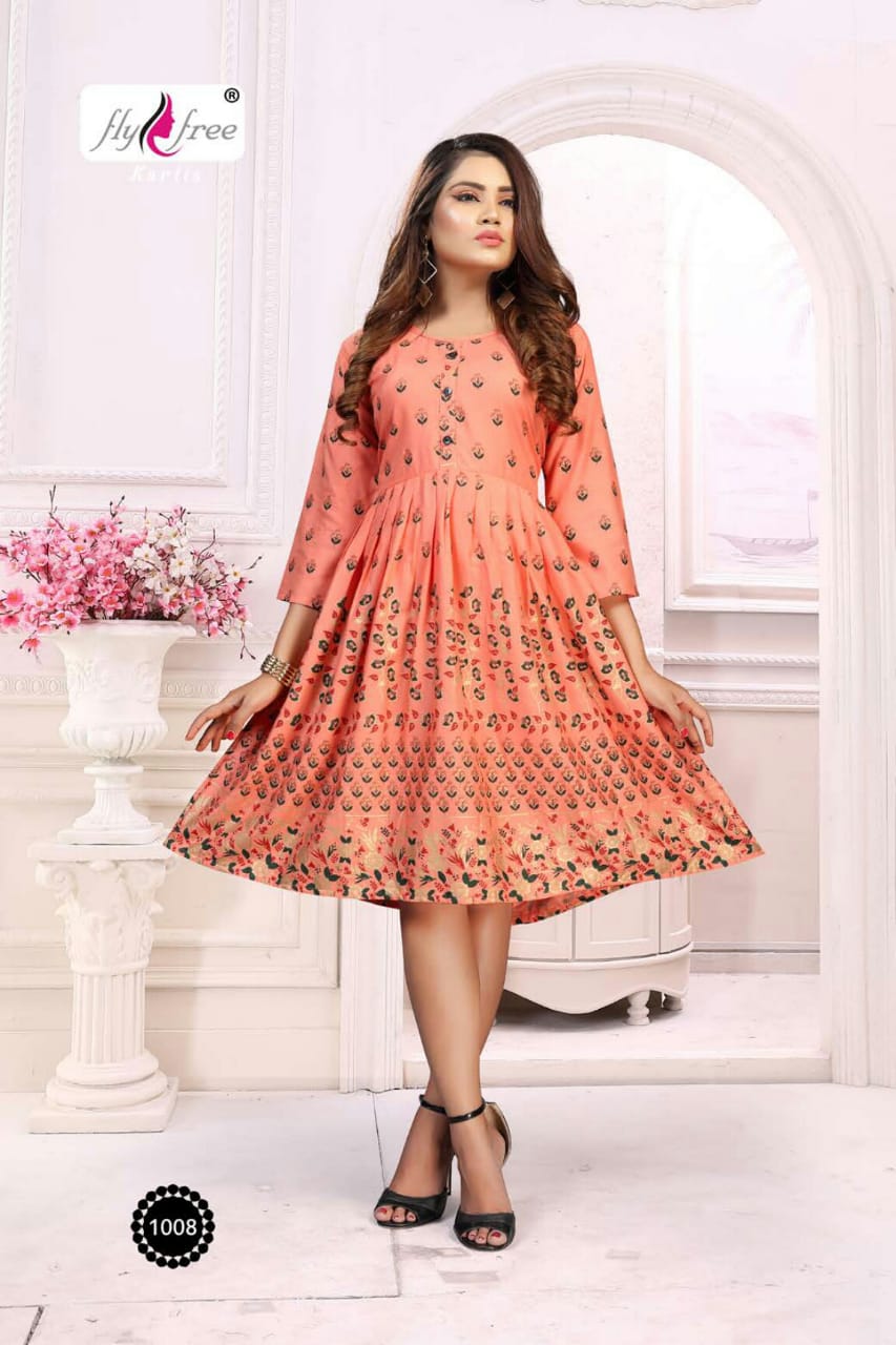 Fly Free Phonix Latest fancy bcasual wear Rayon Printed Designer Anarkali Kurtis Collection
