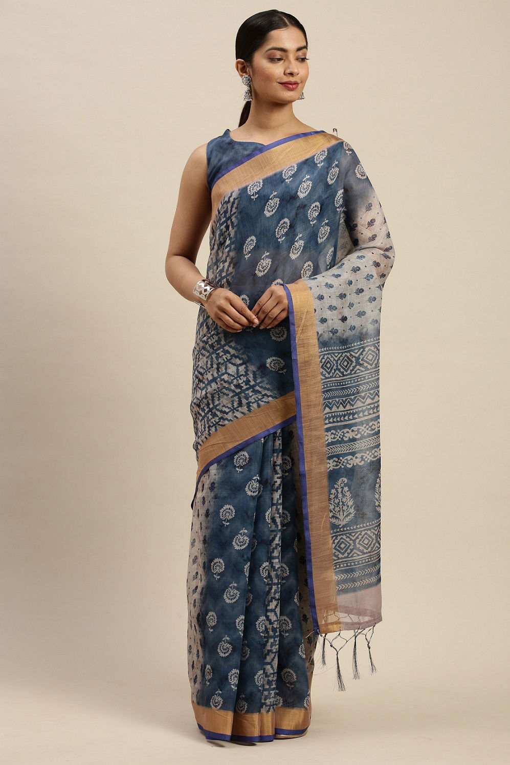 Indigo 1.1 Latest Fancy Designer Regular Casual Wear Linen Cotton Printed Saree Collection

