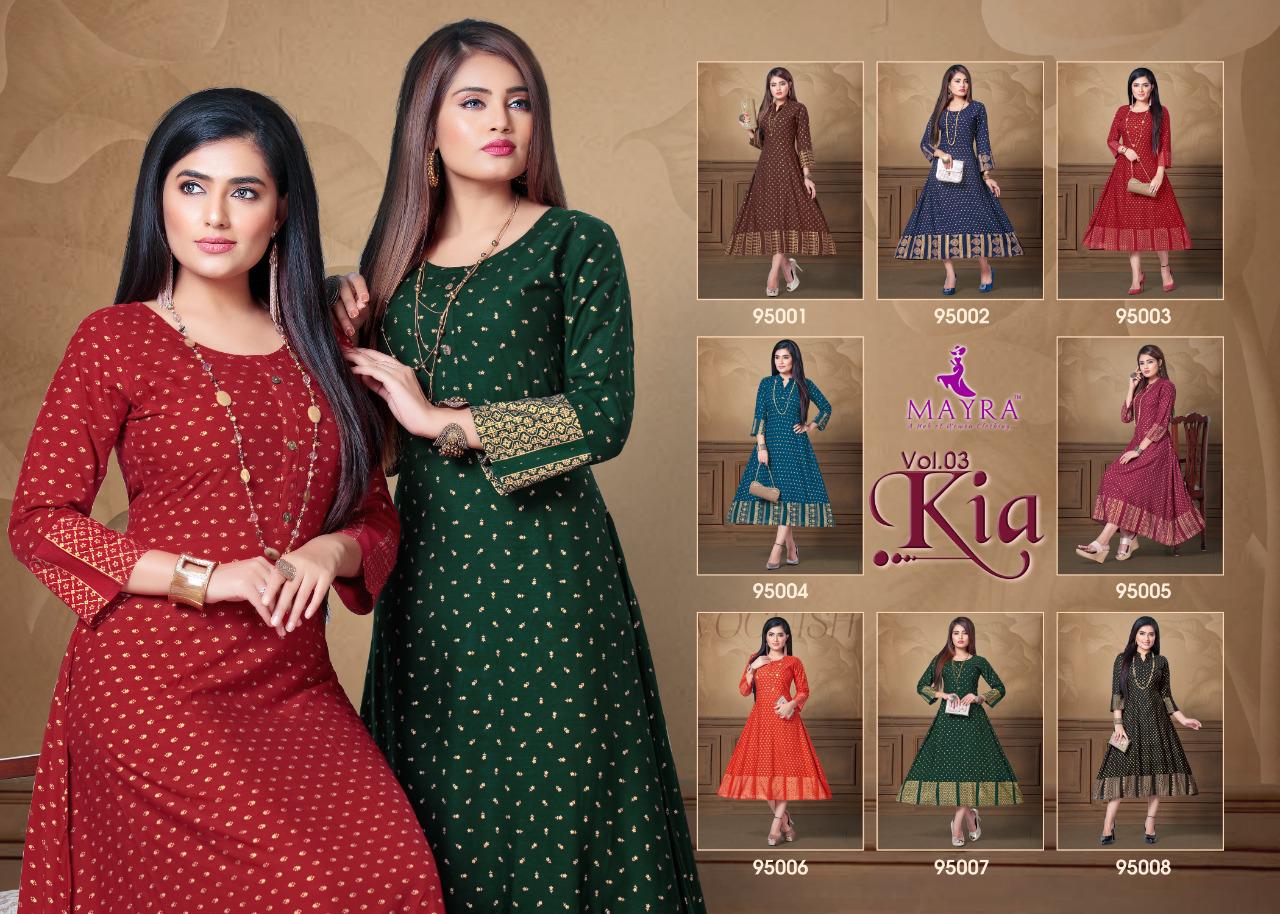 Mayra Kia 3 Latest Designer Party Wear Rayon Long Printed Kurti Collection 
