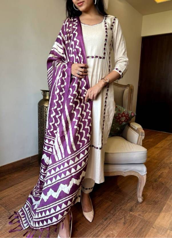VT Designer Embroidery Khadi Cotton Kurti With Bottom Dupatta Exporters In India
