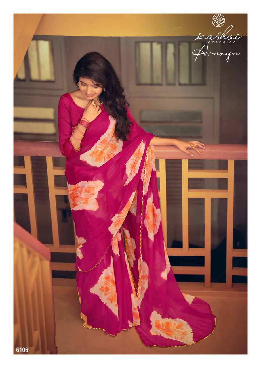 Kashvi Aranya Silk Chiffon With Goti Lace Printed Designer Saree Collection
