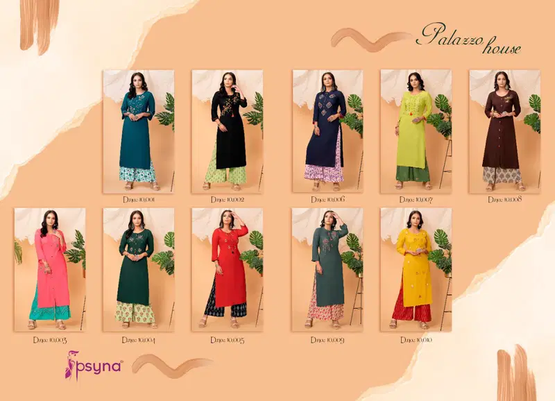 Palazzo House Vol 10 By Psyna Rayon Stylish Long Top With Plazzo Wholesale Clothing Suppliers In India