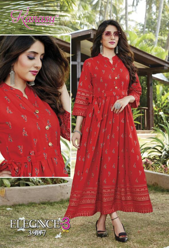 Kanasu Elegance 3 Latest Fancy Designer Heavy Casual Wear Rayon Gold Printed Stylish Kurti Collection
