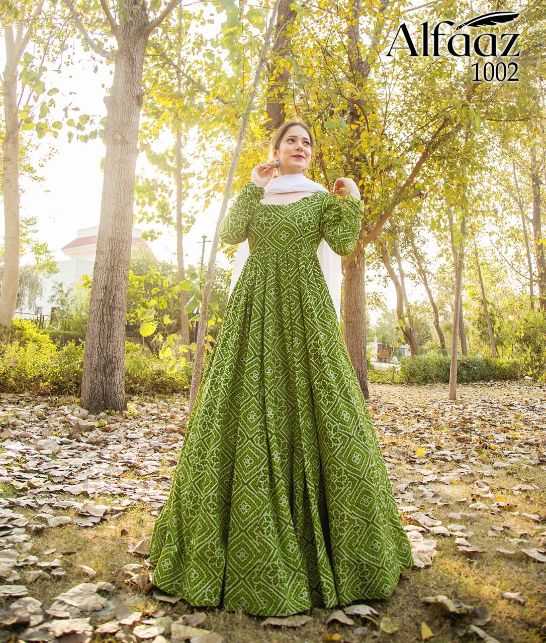 Alfaaz 1 Bandhej Latest Fancy Designer Festive Wear Stylish Masleen Ladies Gown Collection
