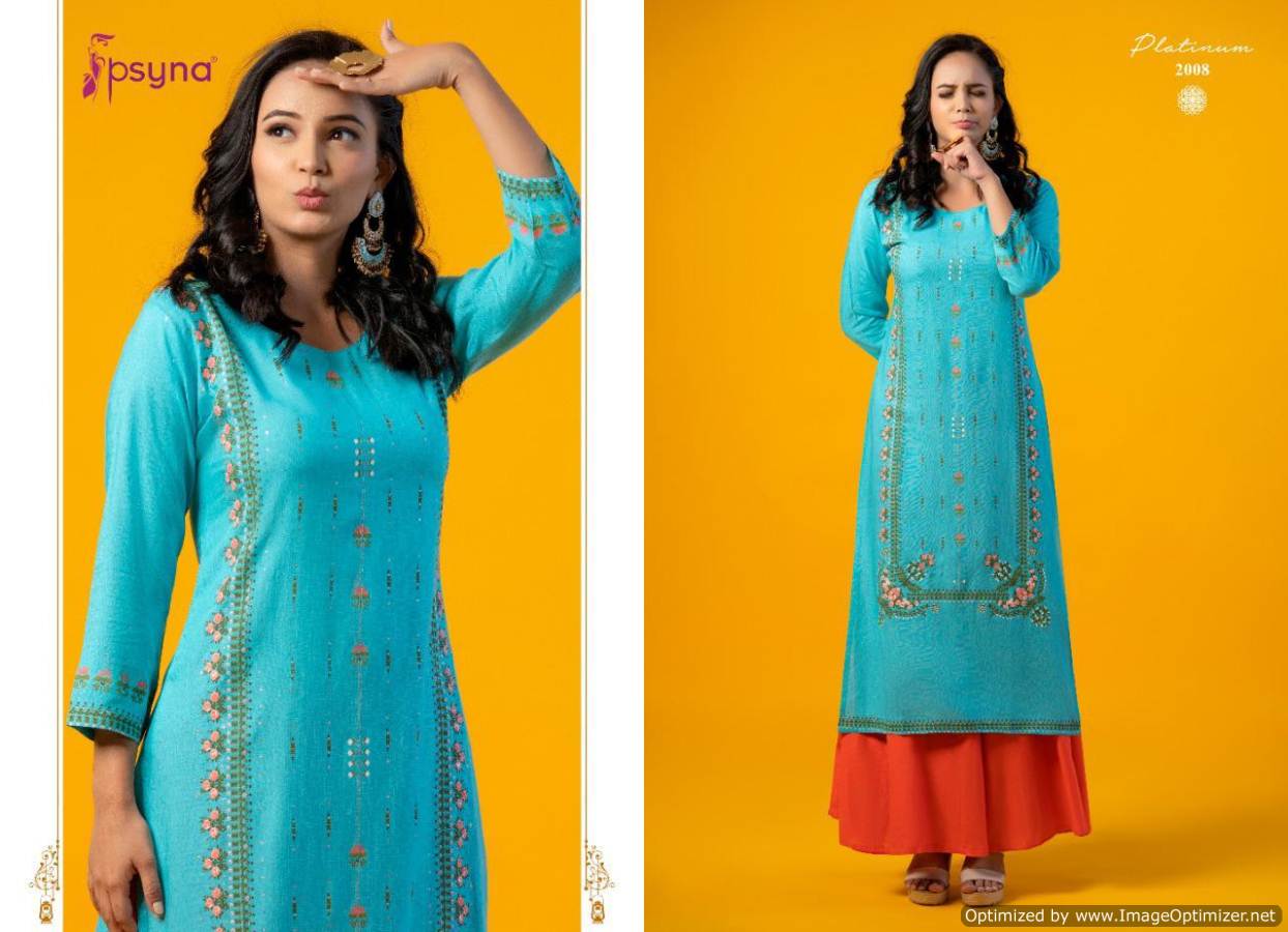 Psyna Platinum 2 Latest fancy Designer Ethnic Wear Heavy Rayon Gold Printed Kurti Collection
