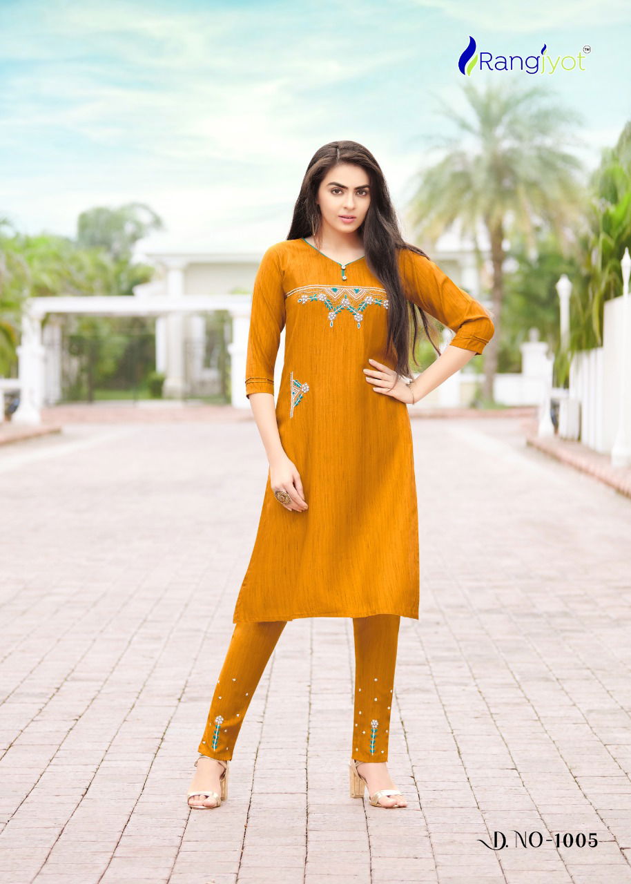 Rangjyot Aarohi 1 Ethnic Wear Rayon With Khatli Work Kurtis With Bottom Collection
