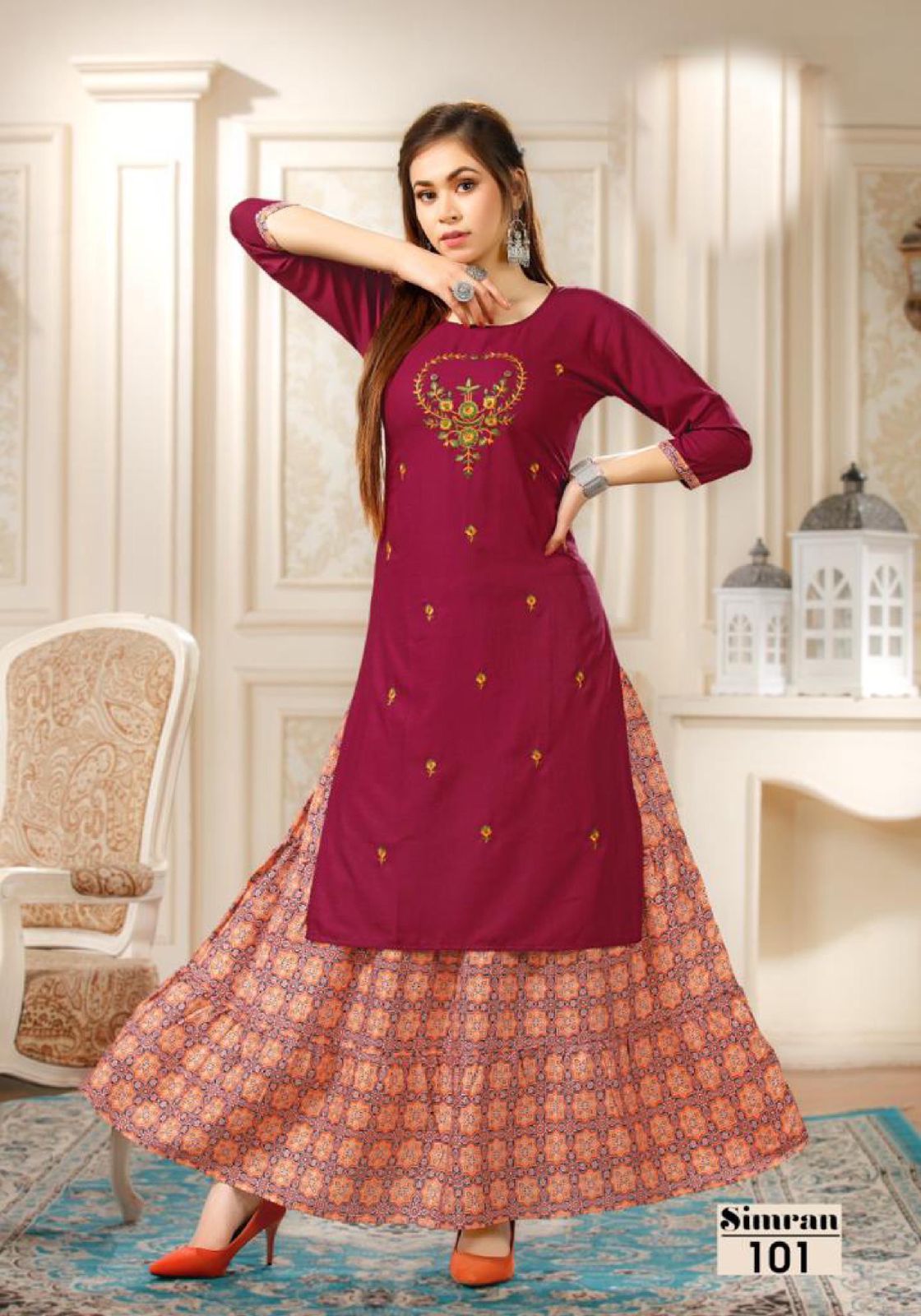 Simran 101 Heavy Designer Ethnic Wear Rayon Printed Kurti With Skirt Collection