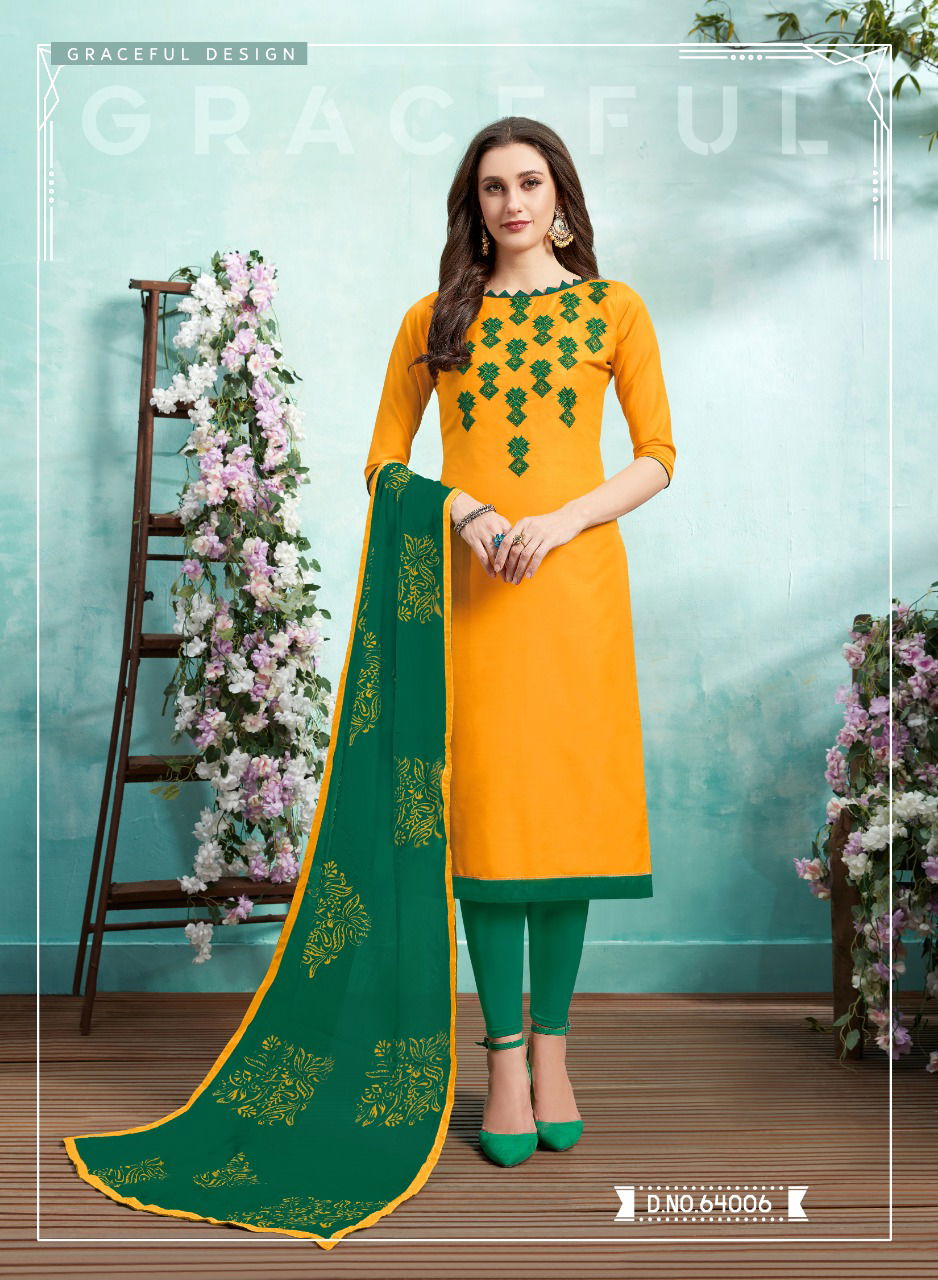 Kiss Miss 64 Designer Lawn Cotton Fancy Churidar Dress Material With Work and Four sided Lace Border Dupatta 