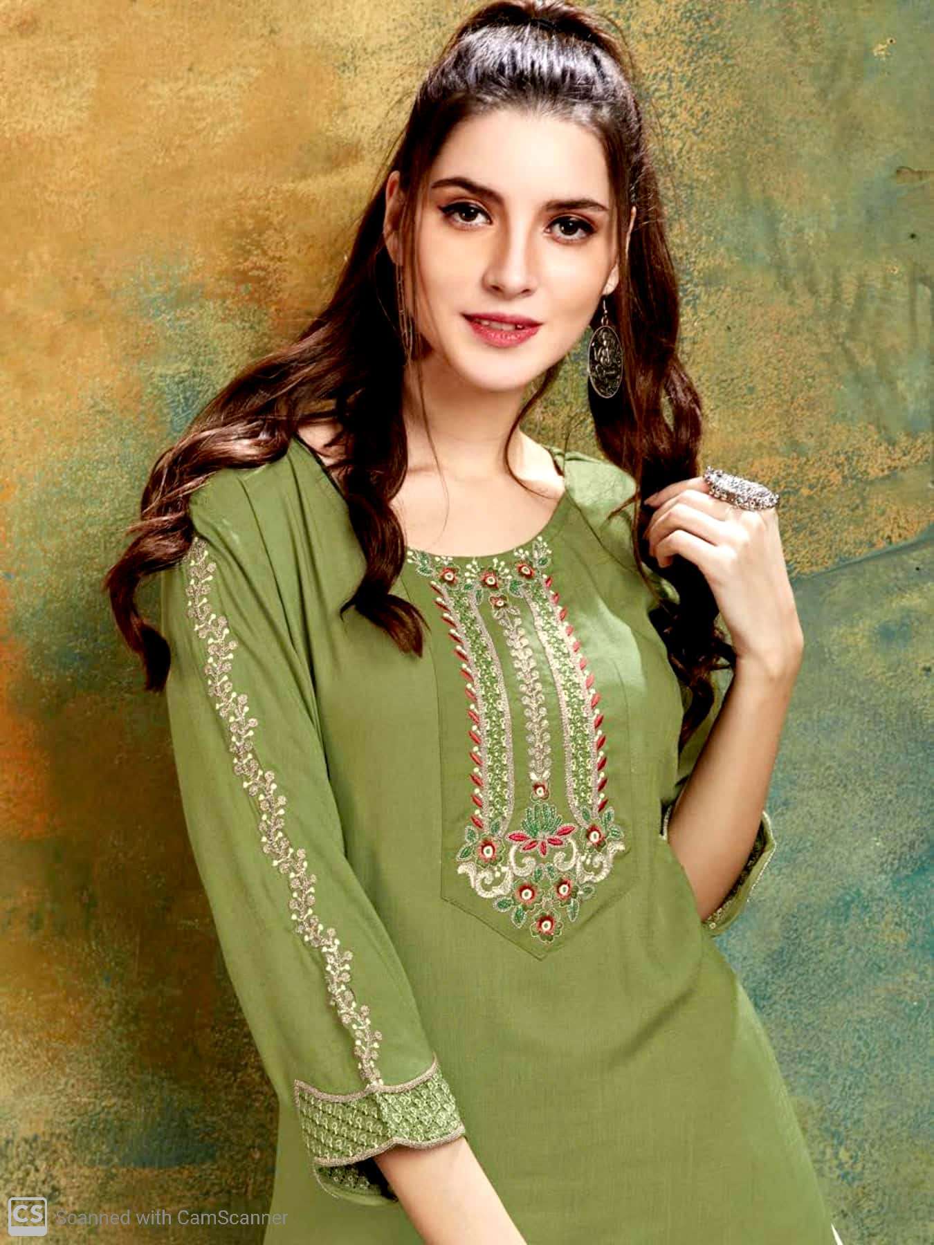 C9 Polite Latest Casual Wear Designer Rayon Slub with Fancy Embroidery Sleeves Work Kurti With Bottom Collection 