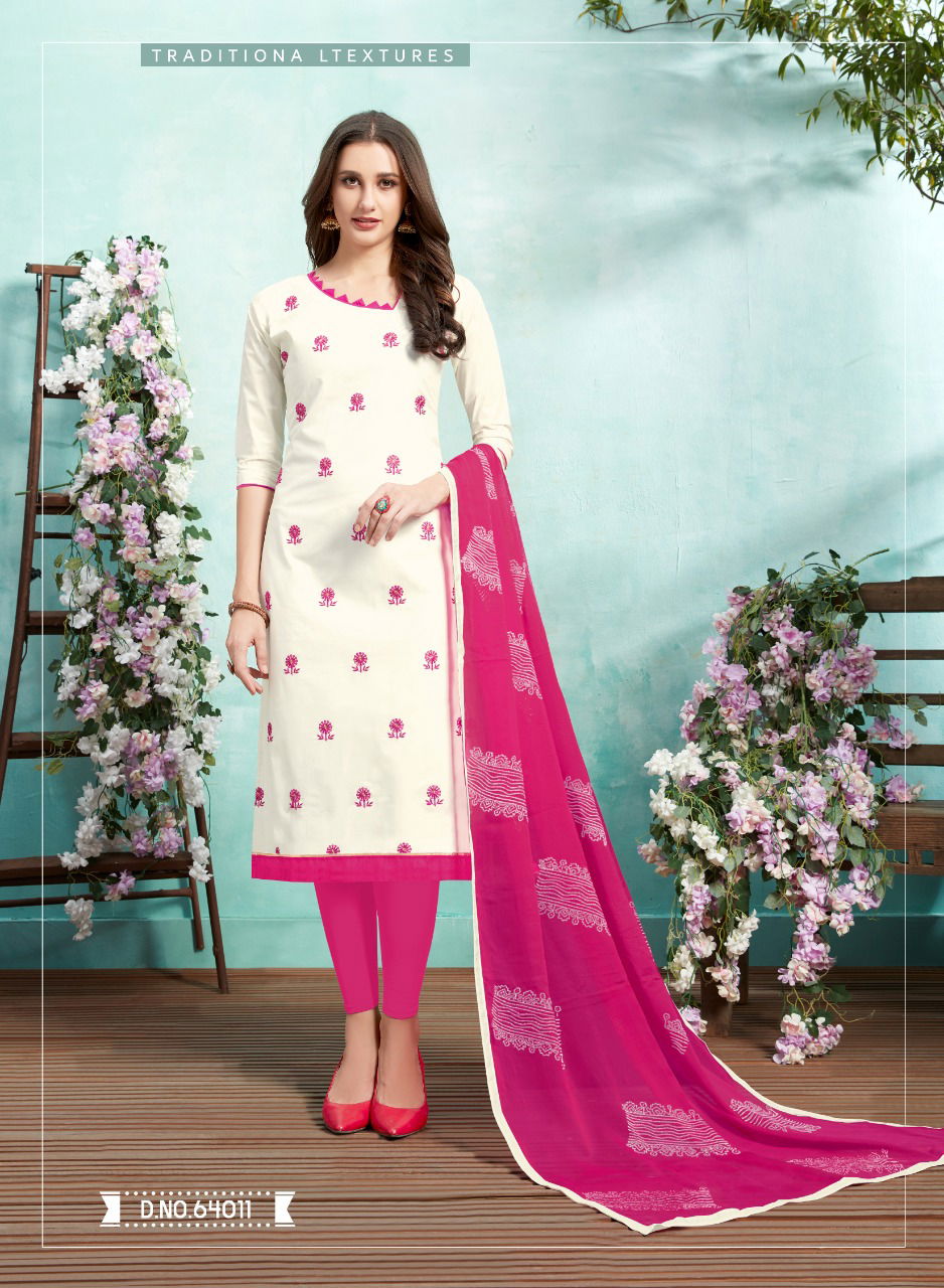 Kiss Miss 64 Designer Lawn Cotton Fancy Churidar Dress Material With Work and Four sided Lace Border Dupatta 