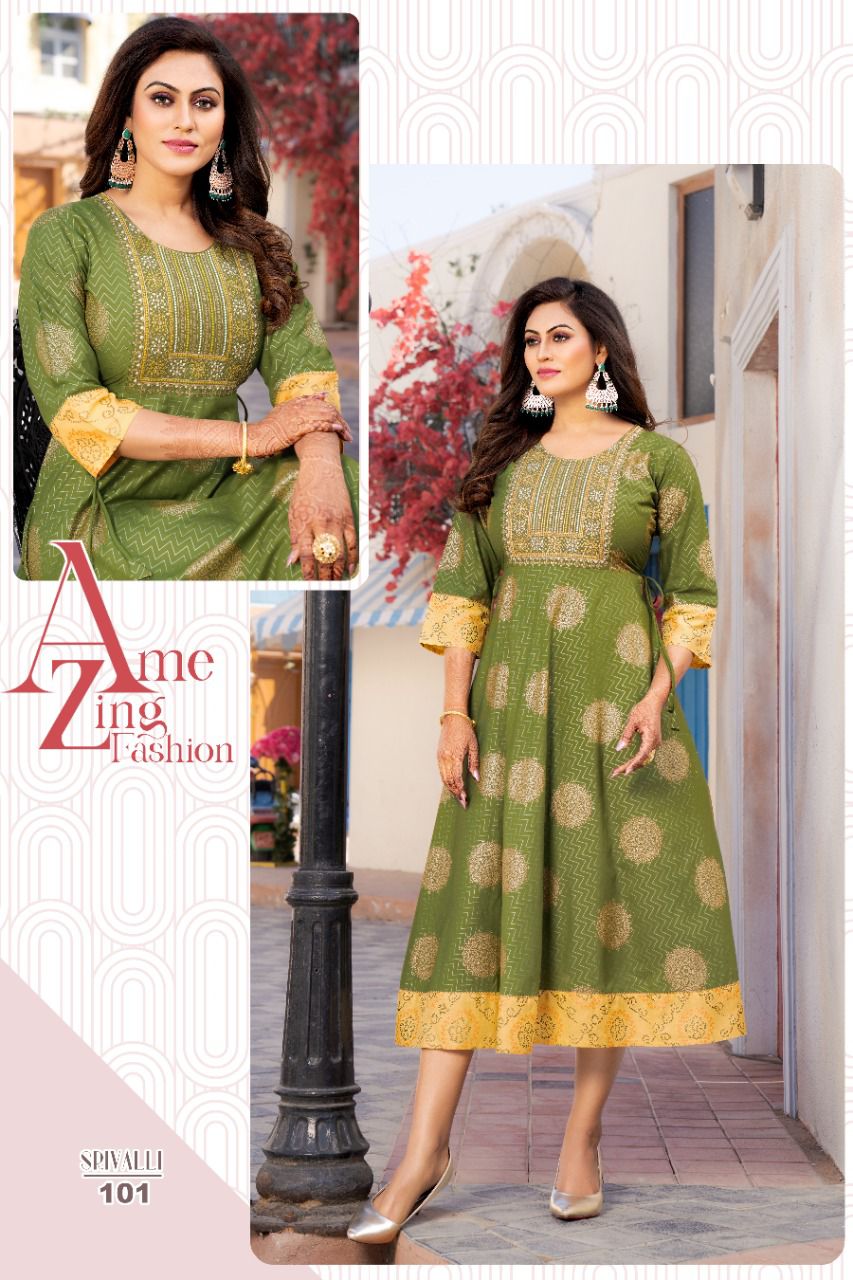 Akhand Jyot Srivalli Fancy Ethnic Wear Rayon Designer Long Kurti Collection