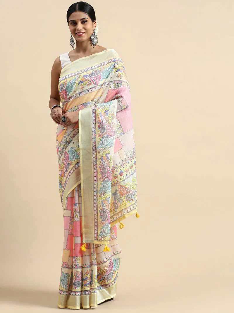 Linen Kantha Saree 1 Lilen Zari Patta Digital Kantha Stitch Printed Saree Bulk Orders In India