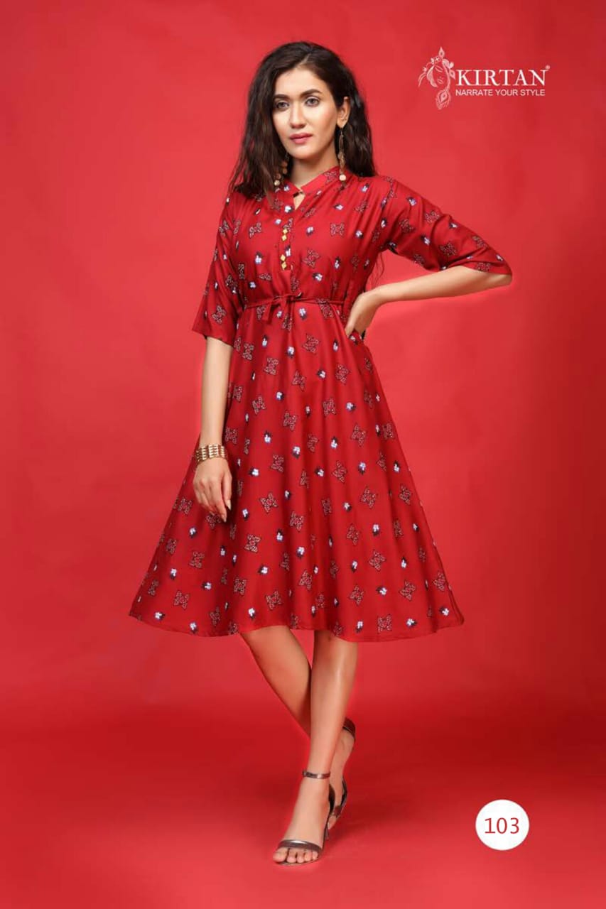 Kirtan Kanika Fancy Designer Casual Wear Rayon Printed Anarkali Kurtis Collection
