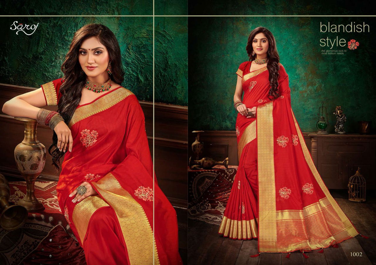 SAROJ ASHWAGANDHA Designer Fancy Casual Wear Soft Vichitra Silk with Banarsi Border and Multi Embroidery Work Saree Collection