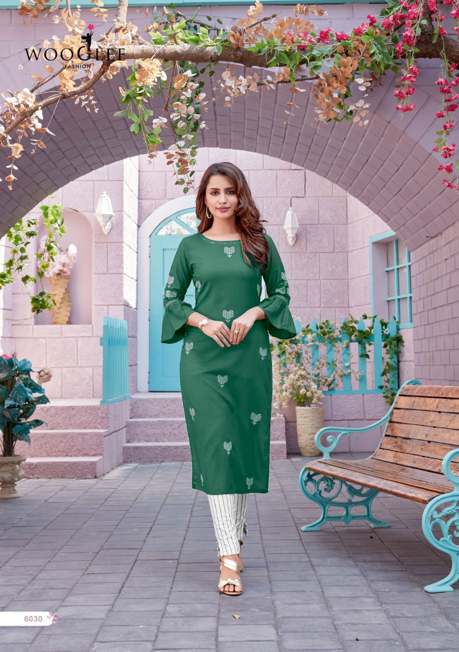 Wooglee Kesar 3 Staright Embroidery Work Party Wear Cotton Kurti With Bottom Collection
