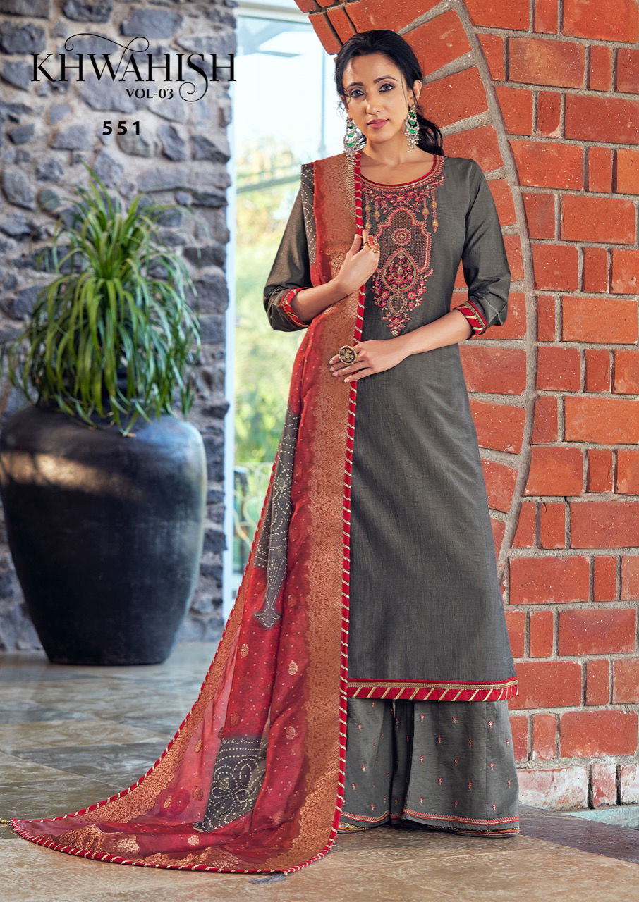Triple Aaa Khwahish 3 Latest Fancy Designer Regular Casual Wear prampara silk with khatli work neck Dress Material Collection
