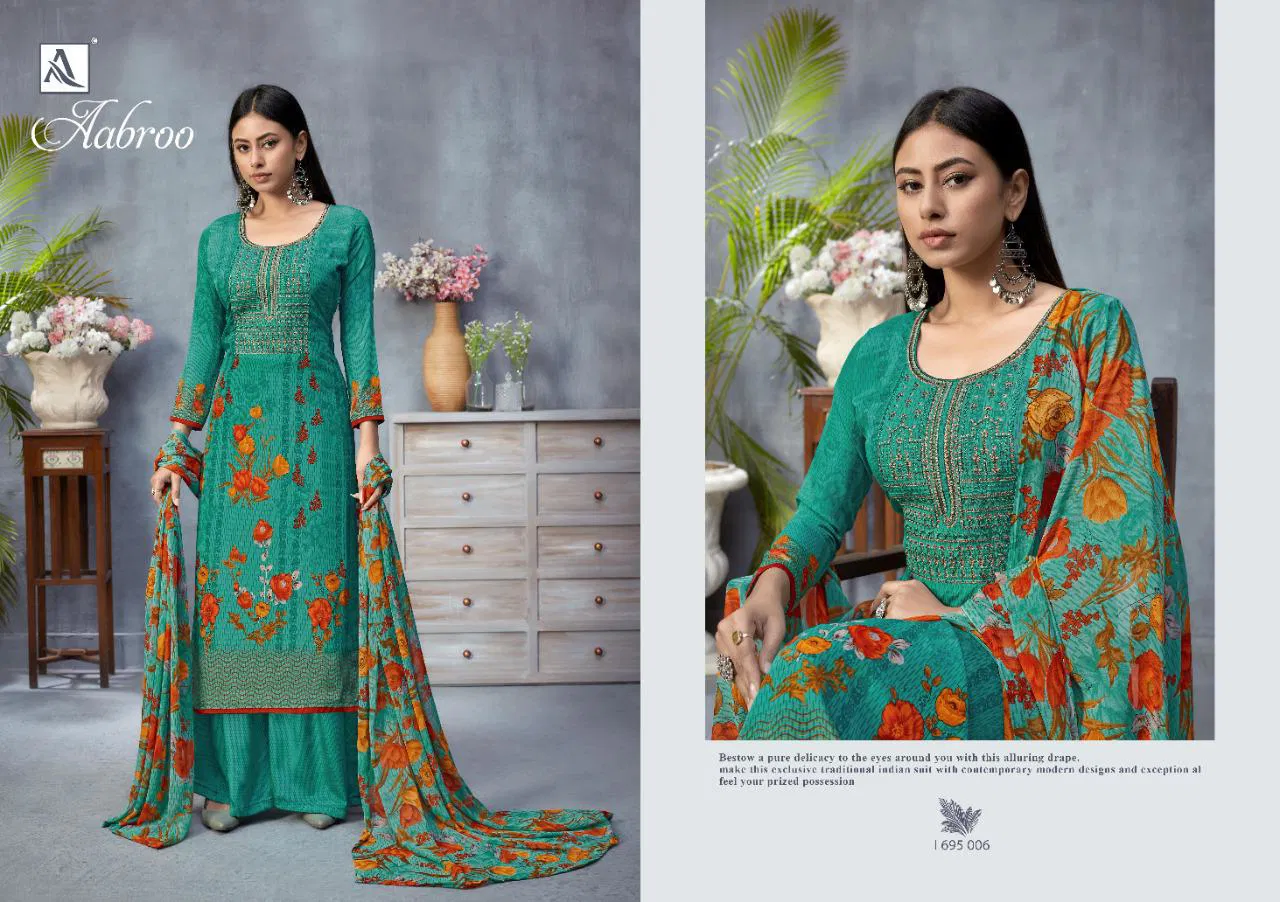 Alok Aabroo Latest Casual Wear Pure French Digital Print with Fancy Thread Embroidery And Swarovski Diamond Work Dress Material Collection
