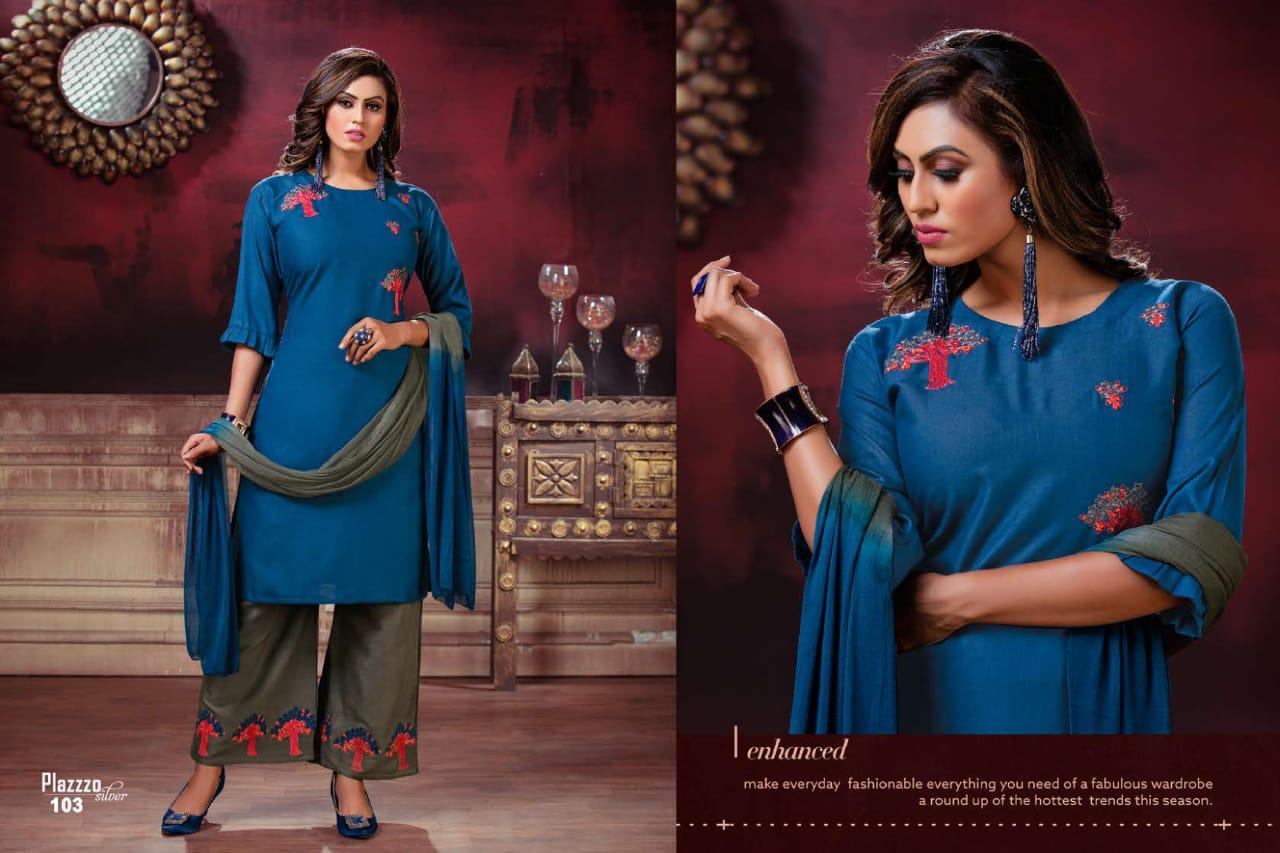 Plazzo Silver Daily Wear Latest Heavy Rayon With embroidery work Plazzo Suit  Collection 