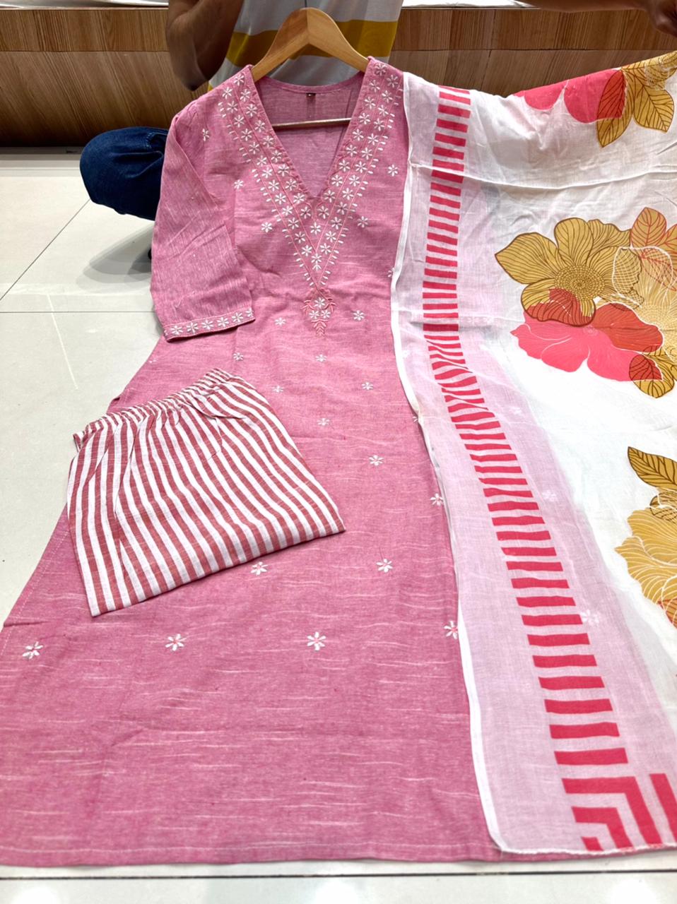 Vt Designer 3070 Embroidery Cotton Kurti With Bottom Dupatta Orders In India