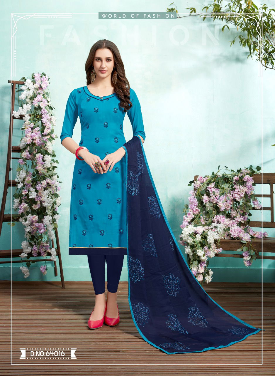 Kiss Miss 64 Designer Lawn Cotton Fancy Churidar Dress Material With Work and Four sided Lace Border Dupatta 
