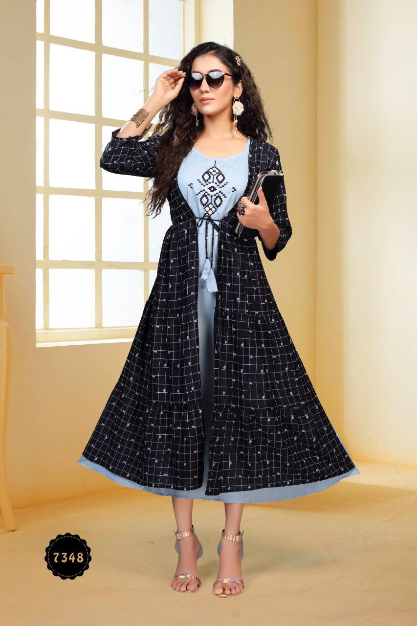 Ft Peacock Casual Wear Rayon Kurtis With Attached Jacket Collection

