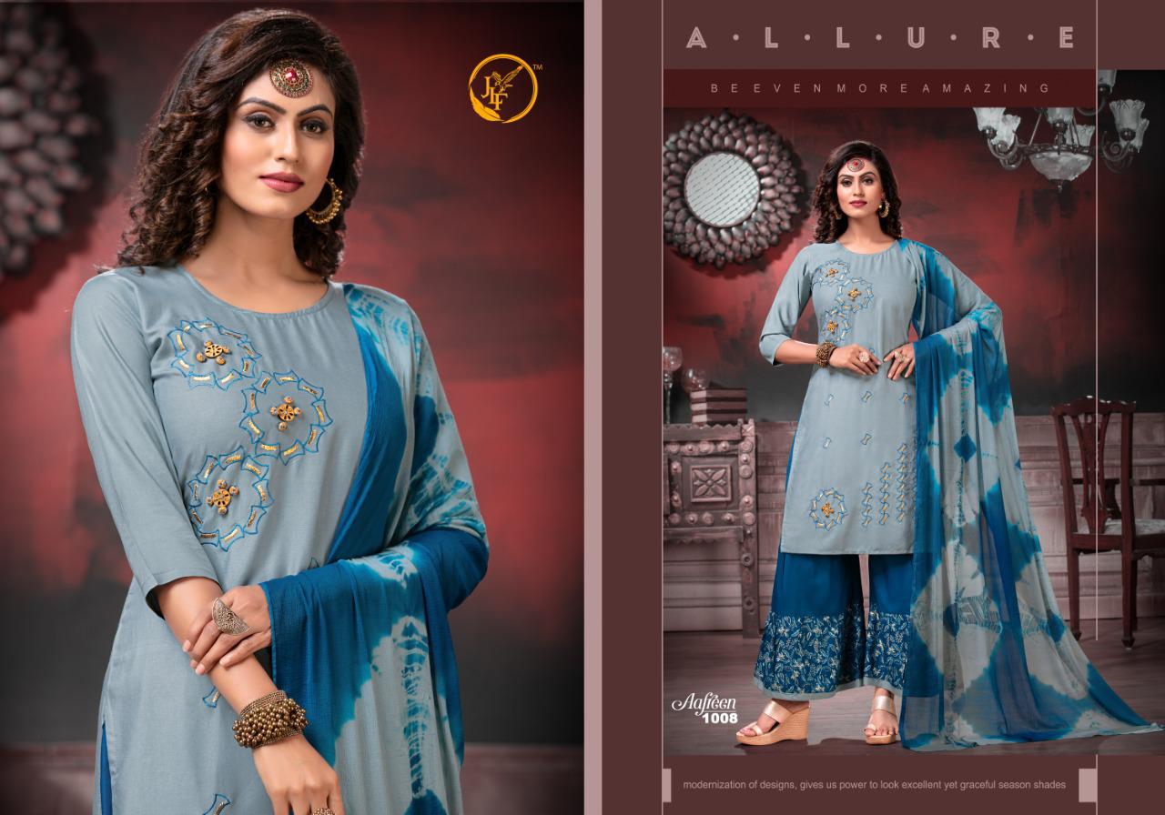 JLF Aafreen Latest Heavy Designer Rayon Print  Plazzo Suit Collection With Nazneen Shibori Dupatta