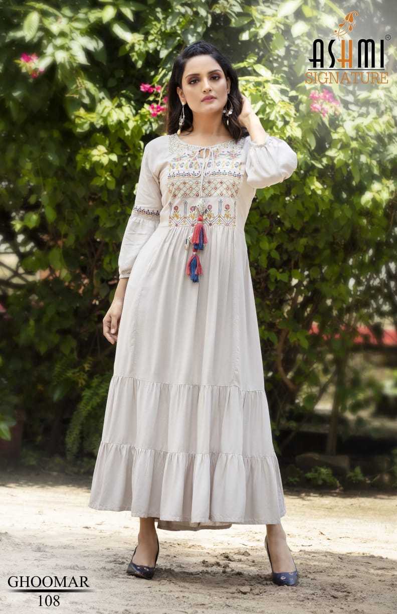 Ashmi Ghoomar New Exclusive Wear Rayon Long Designer Anarkali Kurti Collection