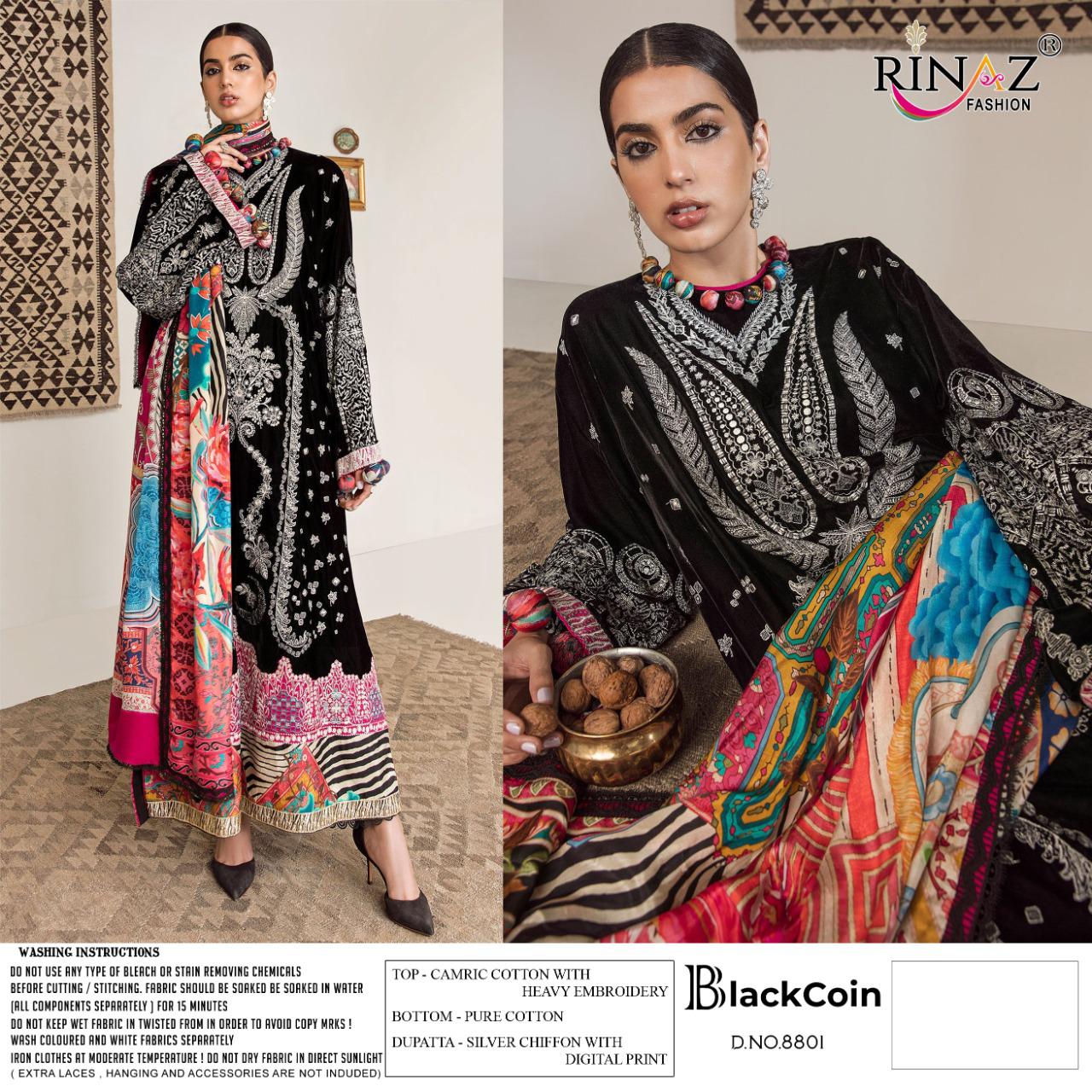 Rinaz Black Coin Festival Wear Cambric Cotton Pakistani Salwar Kameez Collection
