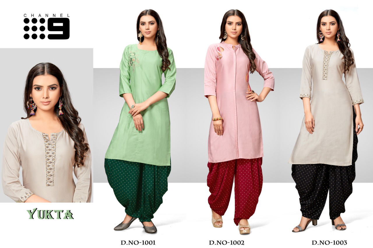 C9 Yukta Latest Collection Of Embroidery Worked Jam Satin Kurti With Patiyala 